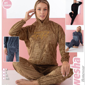 Піжама жіноча з капюшоном - велюр-жакард M,L, XL, 2XL - синій джинс